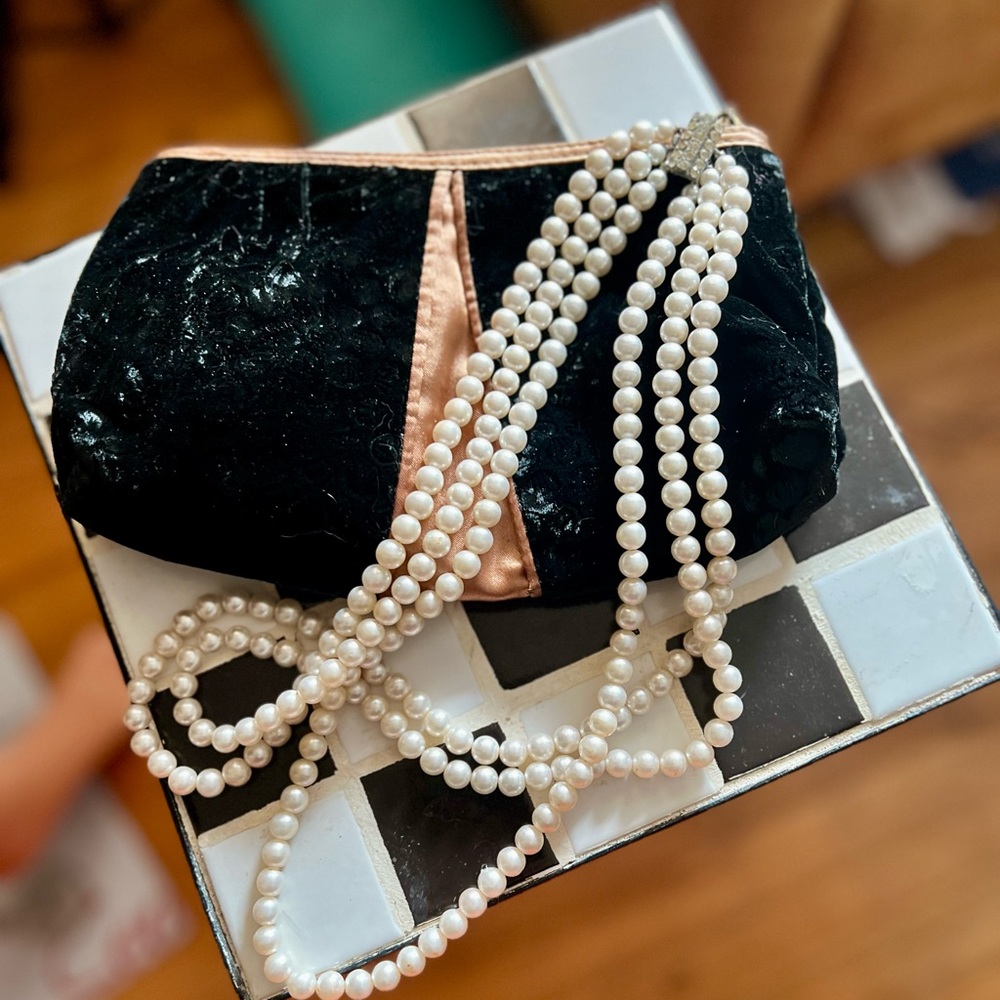 Vintage Triple Strand Faux Pearl Necklace & Velvet Clutch